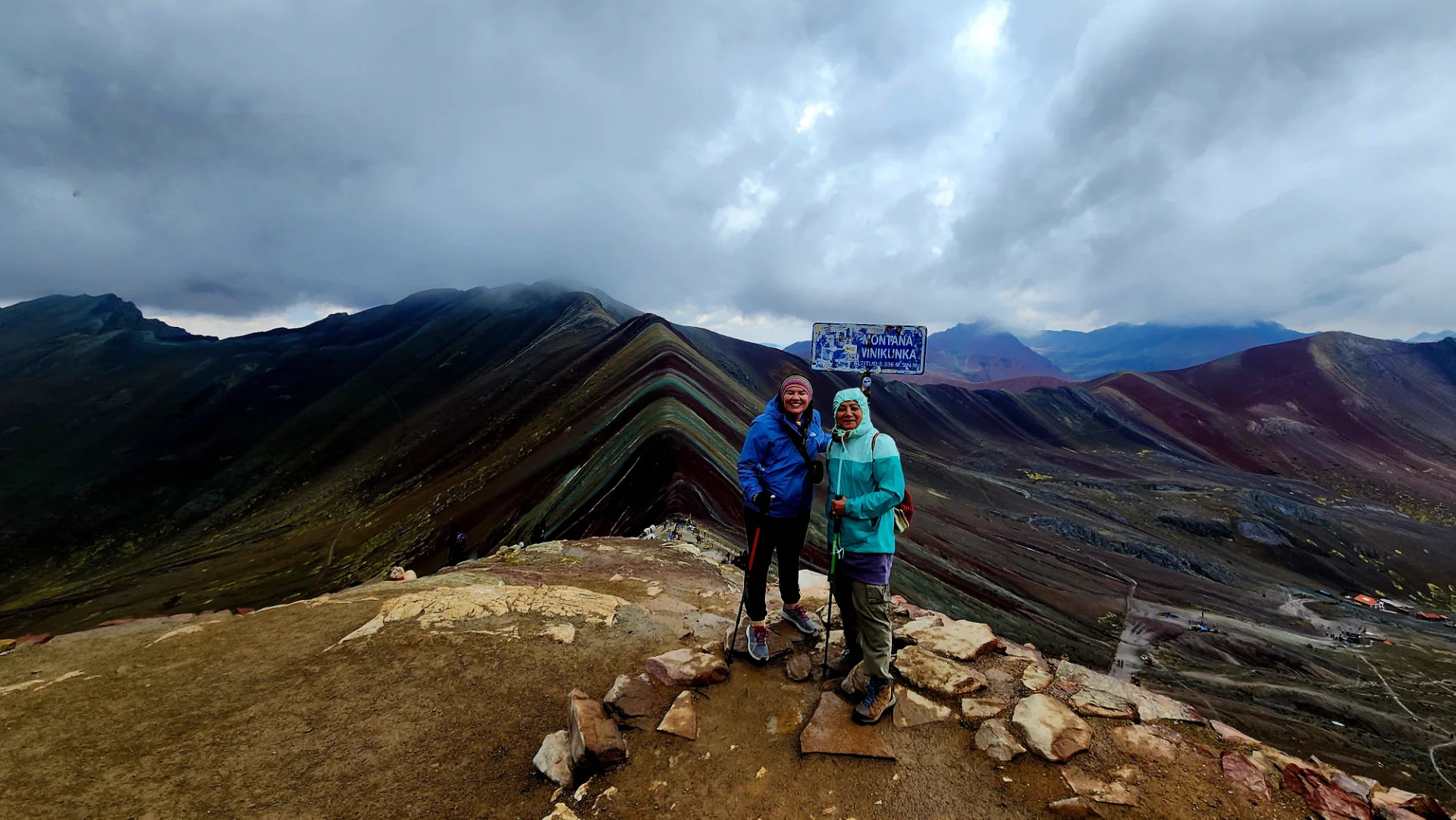 Hikers on the trail to Vinicunca Rainbow Mountain in the Cusco region, Peru